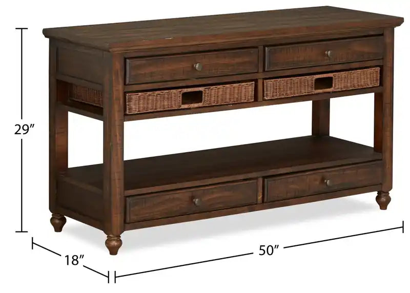 50 Table console rustique avec rangement et étagère - Bois marron foncé