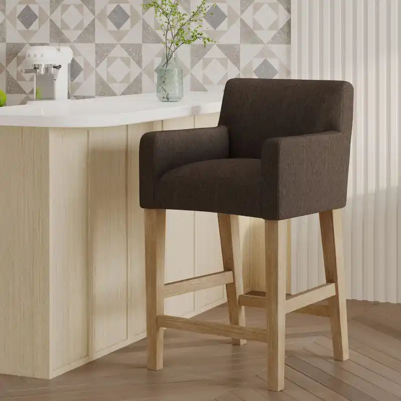 Tabouret de comptoir de 66 cm avec siège en tissu rembourré et pieds en bois massif
