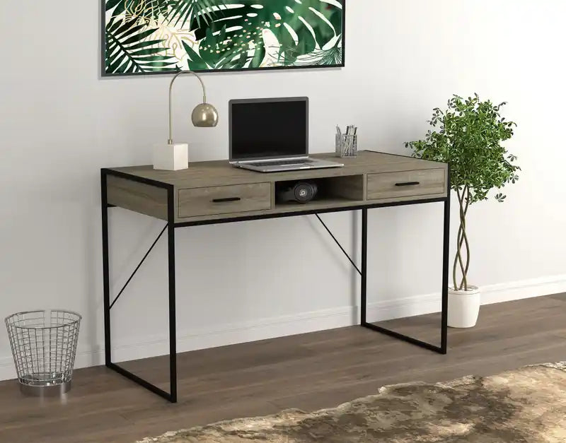 Bureau informatique de 48 pouces avec 2 tiroirs et 1 étagère - Taupe foncé avec base en métal noir