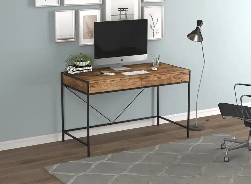 Bureau d'ordinateur 49" avec 2 tiroirs - Bois marron avec métal noir