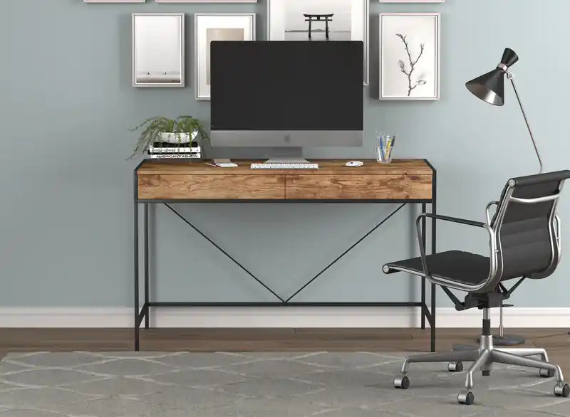 Bureau d'ordinateur 49" avec 2 tiroirs - Bois marron avec métal noir