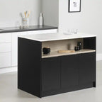 Ilôt de Cuisine Avec Étagère de Rangement Ouverte – Noir Mat et Faux Marbre Blanc