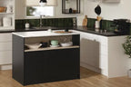 Ilôt de Cuisine Avec Étagère de Rangement Ouverte – Noir Mat et Faux Marbre Blanc