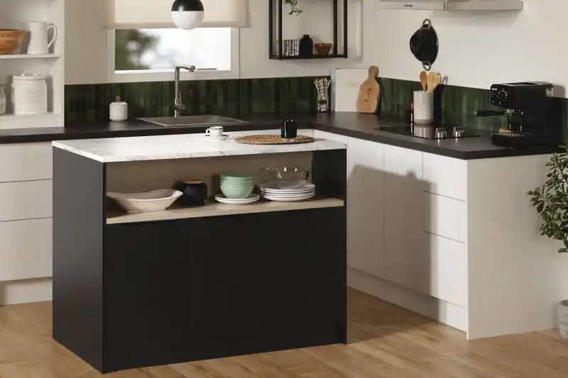 Ilôt de Cuisine Avec Étagère de Rangement Ouverte – Noir Mat et Faux Marbre Blanc