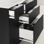 Ilôt de Cuisine Avec Étagère de Rangement Ouverte – Noir Mat et Faux Marbre Blanc
