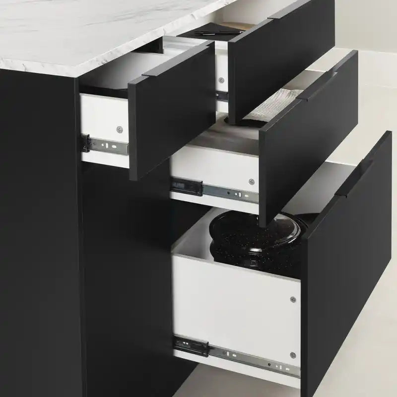 Ilôt de Cuisine Avec Étagère de Rangement Ouverte – Noir Mat et Faux Marbre Blanc