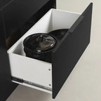 Ilôt de Cuisine Avec Étagère de Rangement Ouverte – Noir Mat et Faux Marbre Blanc