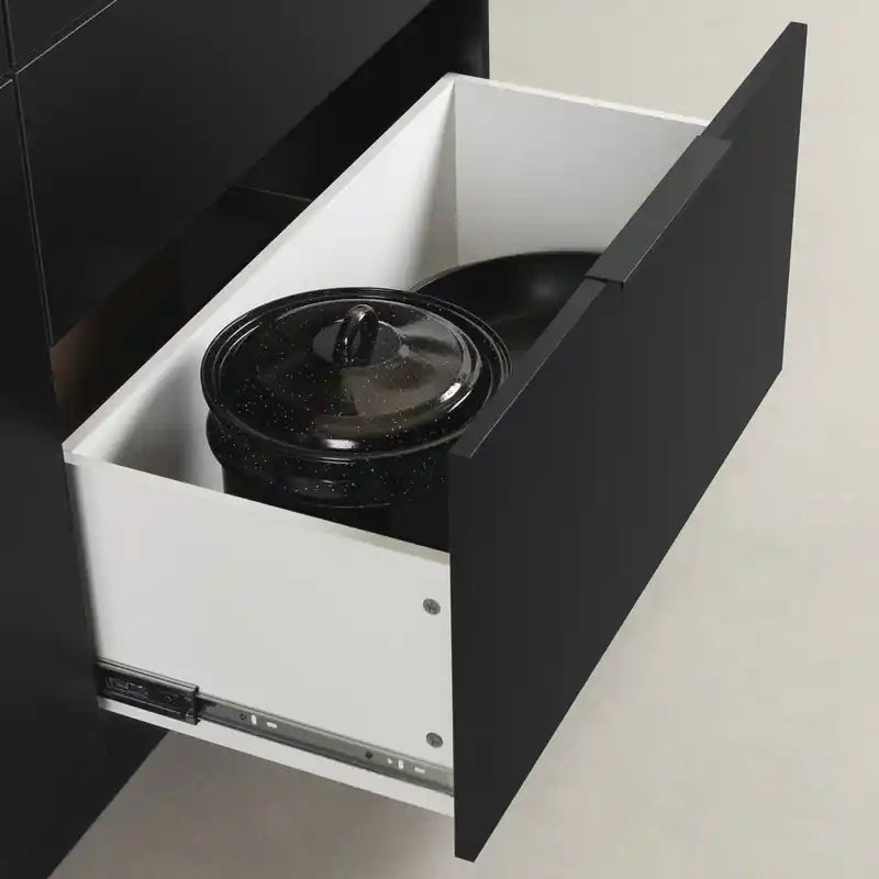Ilôt de Cuisine Avec Étagère de Rangement Ouverte – Noir Mat et Faux Marbre Blanc