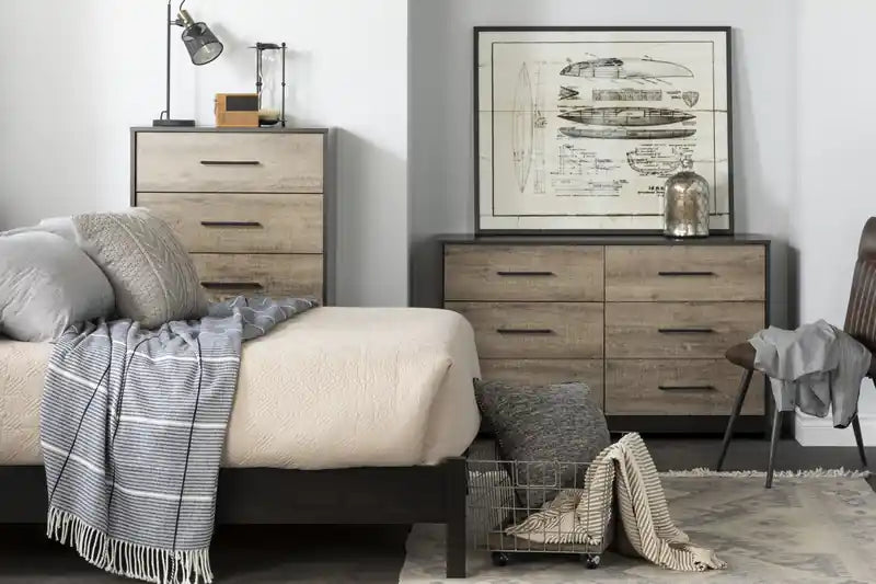Commode 6 tiroirs London – Noir vieilli et chêne patiné
