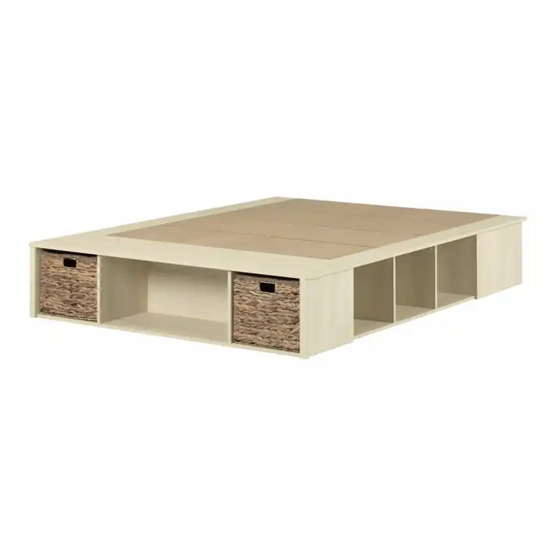 Avilla Storage Platform Bed With Wicker Baskets - Bleached Oak