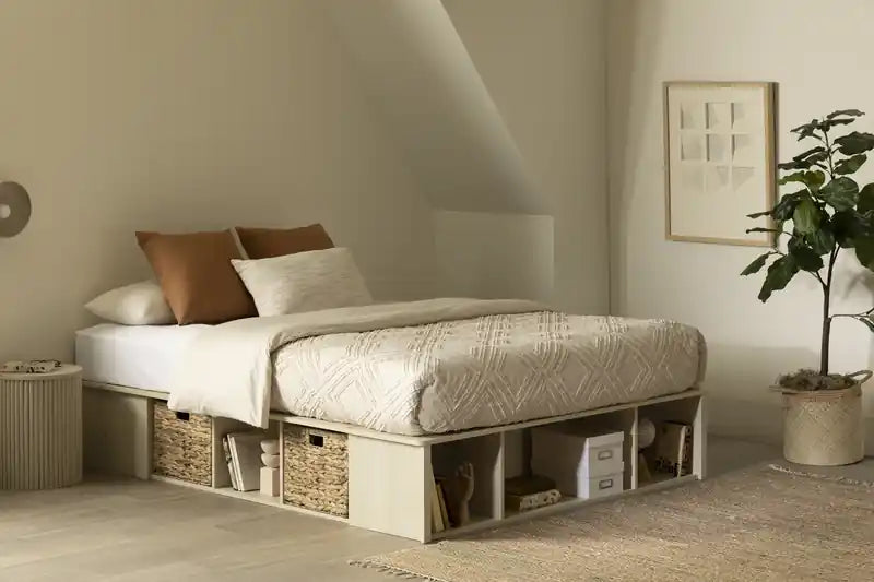 Lit plateforme de rangement avec paniers en osier – Chêne blanchi