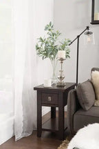 16 Table d'appoint rustique avec rangement et étagère - Bois marron foncé
