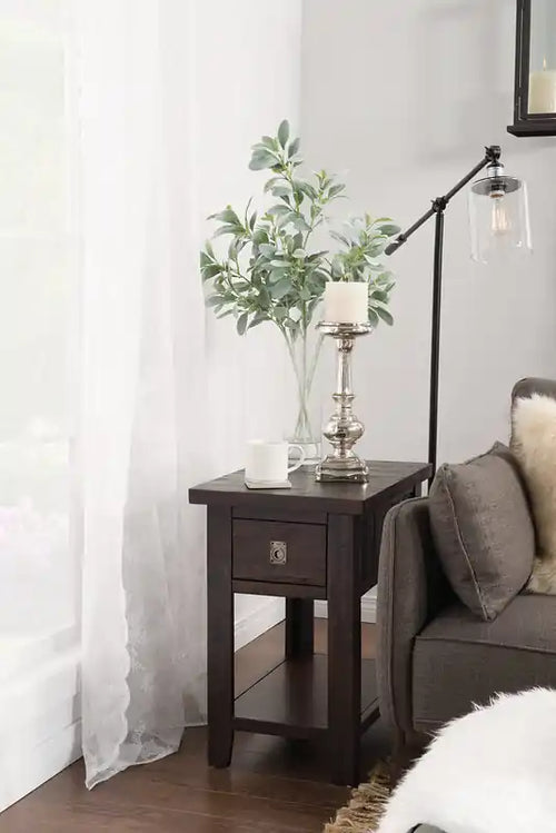 16 Table d'appoint rustique avec rangement et étagère - Bois marron foncé