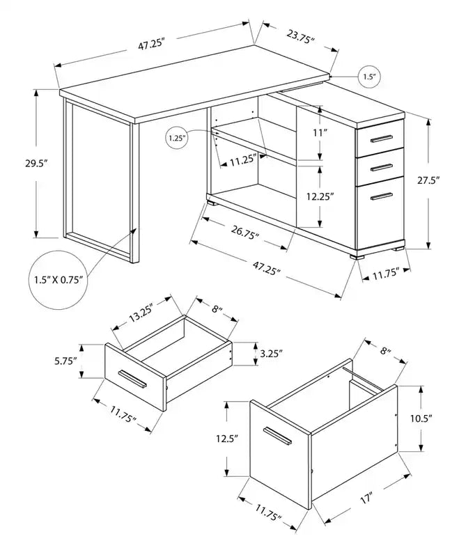 Bureau d'angle réglable de 120 cm avec 3 tiroirs et étagères ouvertes