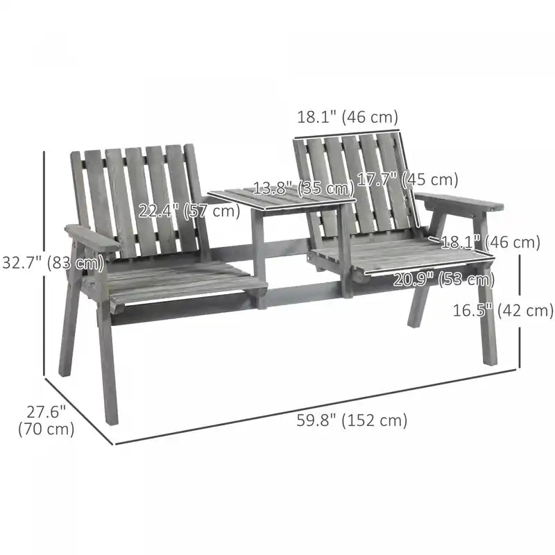 Banc de jardin 2 places avec table, en bois