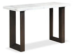 Silvia 48 Modern Sofa Table - White and Grey Marble Look with Brown Wood Legs