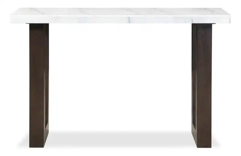 Table de canapé moderne 48 po – Aspect marbre blanc et gris avec pieds en bois brun