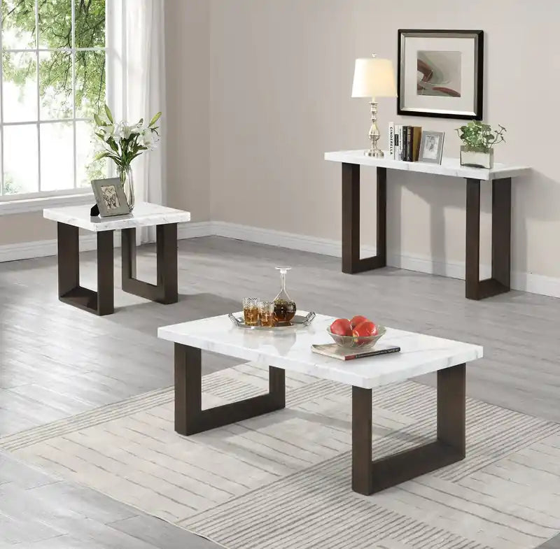Table de canapé moderne 48 po – Aspect marbre blanc et gris avec pieds en bois brun