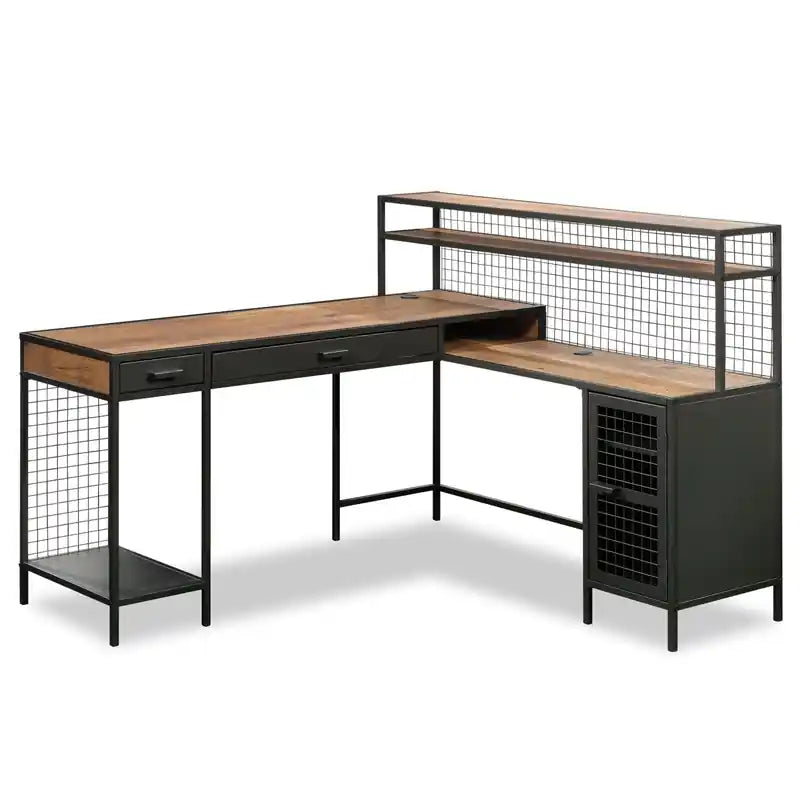Tayla 60.67 L-Shaped Office Desk with 2-Drawers & Cabinet - Vintage Oak & Black