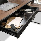 Bureau d'angle en L de 154 cm avec 2 tiroirs et armoire – Chêne vintage et noir