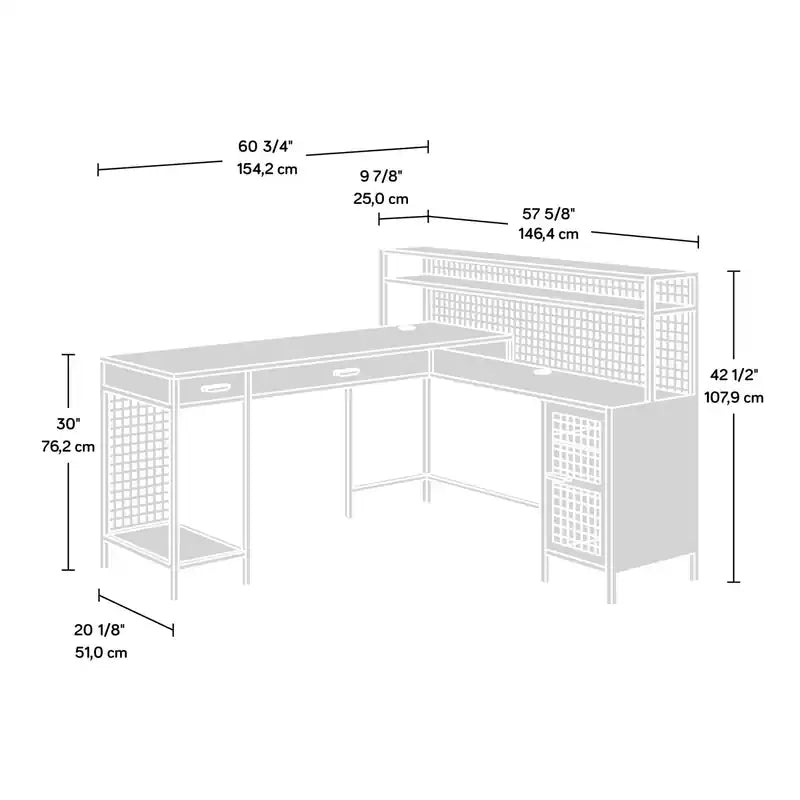 Bureau d'angle en L de 154 cm avec 2 tiroirs et armoire – Chêne vintage et noir